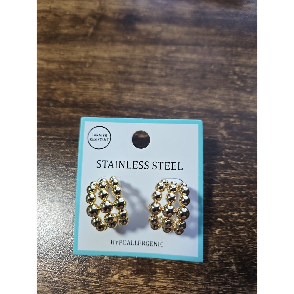Gold‎ Stainless Steel Hoop Earrings Beaded Cluster Design Hypallergenic Hoops